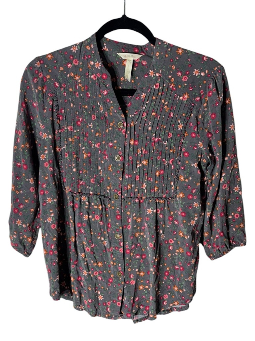 Matilda Jane S Floral Shirt Pintuck V-Neck Button Front Tunic Top Brown Pink - Picture 2 of 7